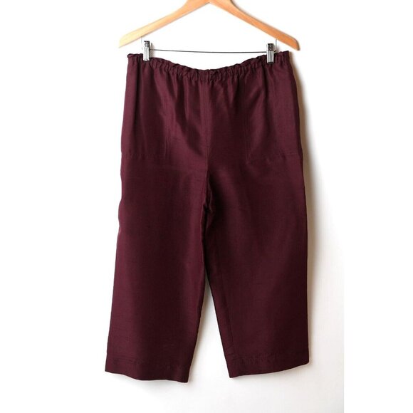 Vintage Via Seta 100% Silk Pants Size 10 Burgundy Loose Fit Wide Leg Cropped - Picture 1 of 8